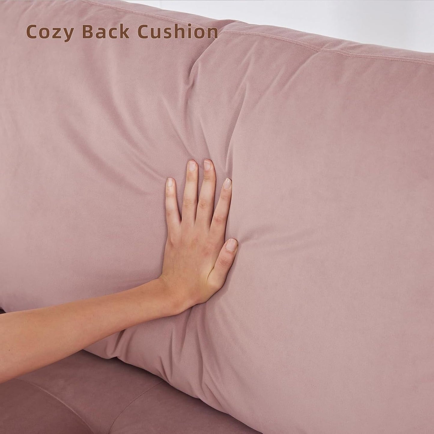 Canapé 3 places moderne en tissu rose de 74 pouces avec pieds en bois, poches de rangement et coussins en mousse haute densité