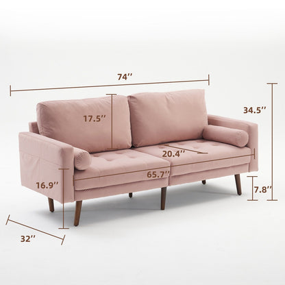 Canapé 3 places en tissu rose moderne de 74 pouces avec poches de rangement, pieds en bois et coussins en mousse haute densité