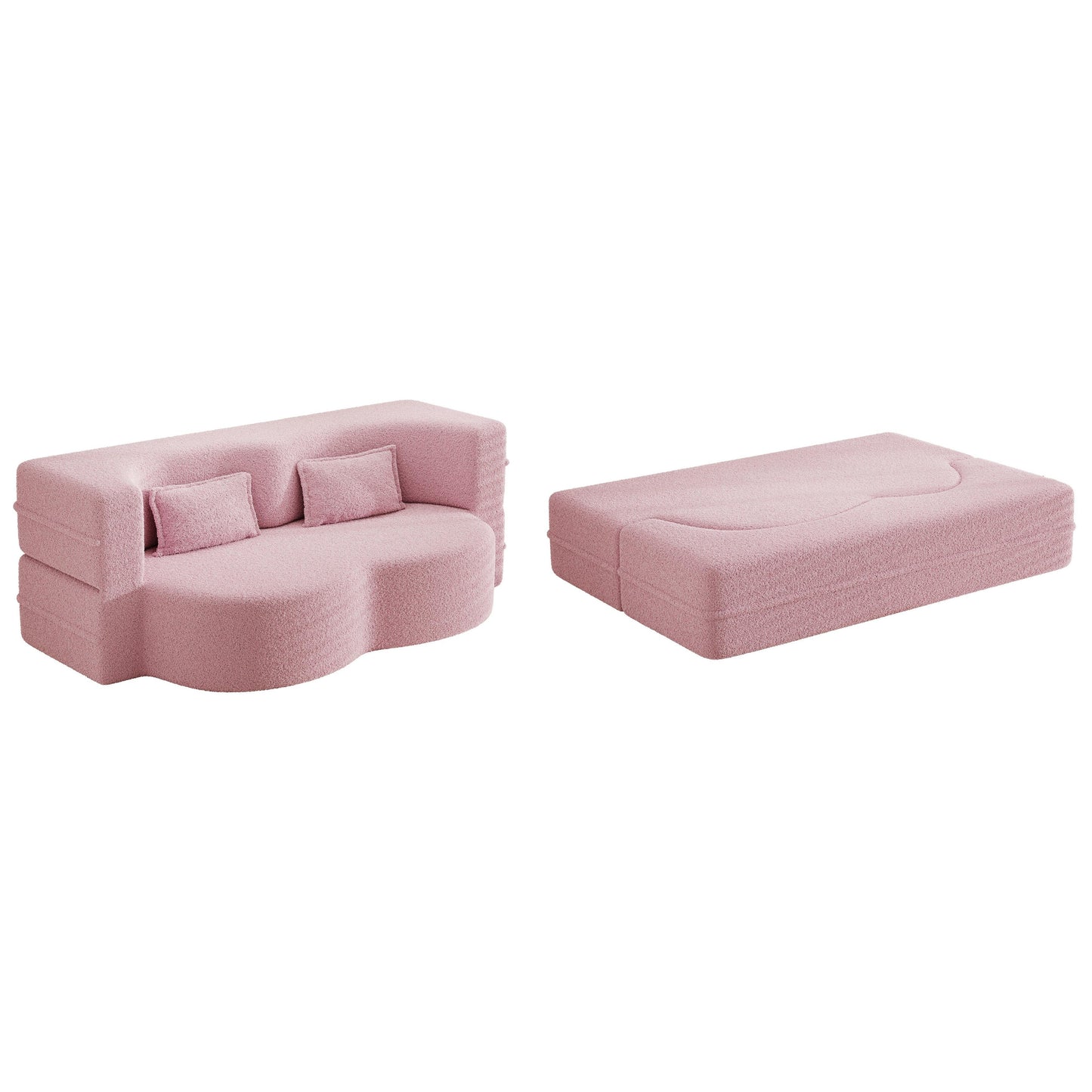 Canapé-lit convertible en tissu Teddy rose 78 avec rembourrage en mousse, 2 oreillers et matelas pliable pour le salon