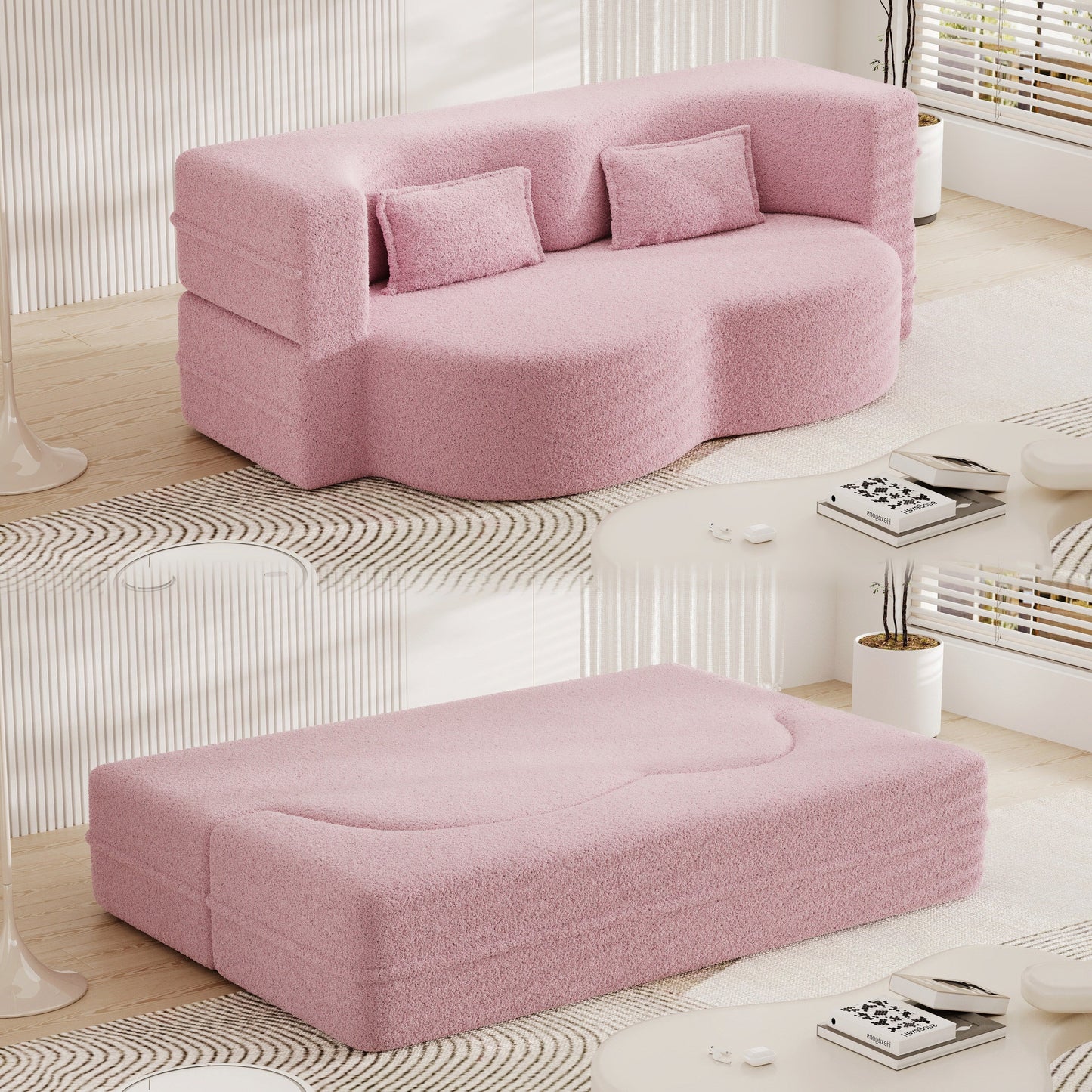 Canapé-lit convertible en tissu Teddy rose 78 avec rembourrage en mousse, 2 oreillers et matelas pliable pour le salon