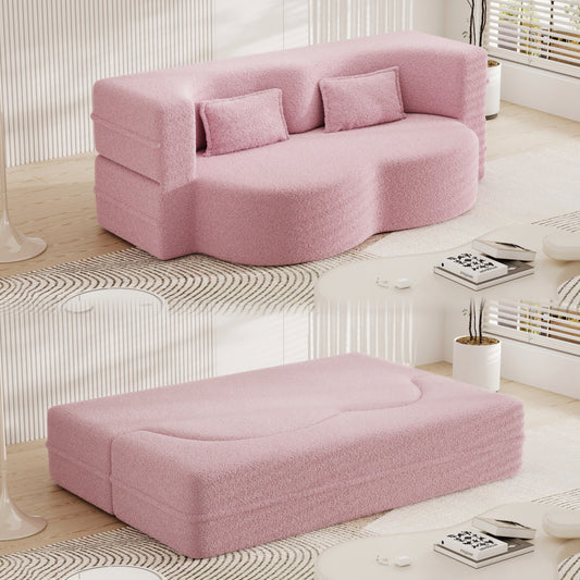 Canapé-lit convertible en tissu Teddy rose 78 avec rembourrage en mousse, 2 oreillers et matelas pliable pour le salon