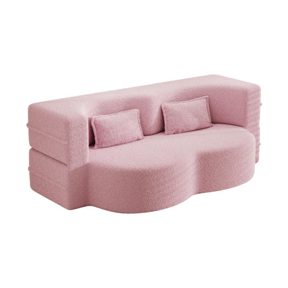 Canapé-lit convertible en tissu Teddy rose 78 avec rembourrage en mousse, 2 oreillers et matelas pliable pour le salon