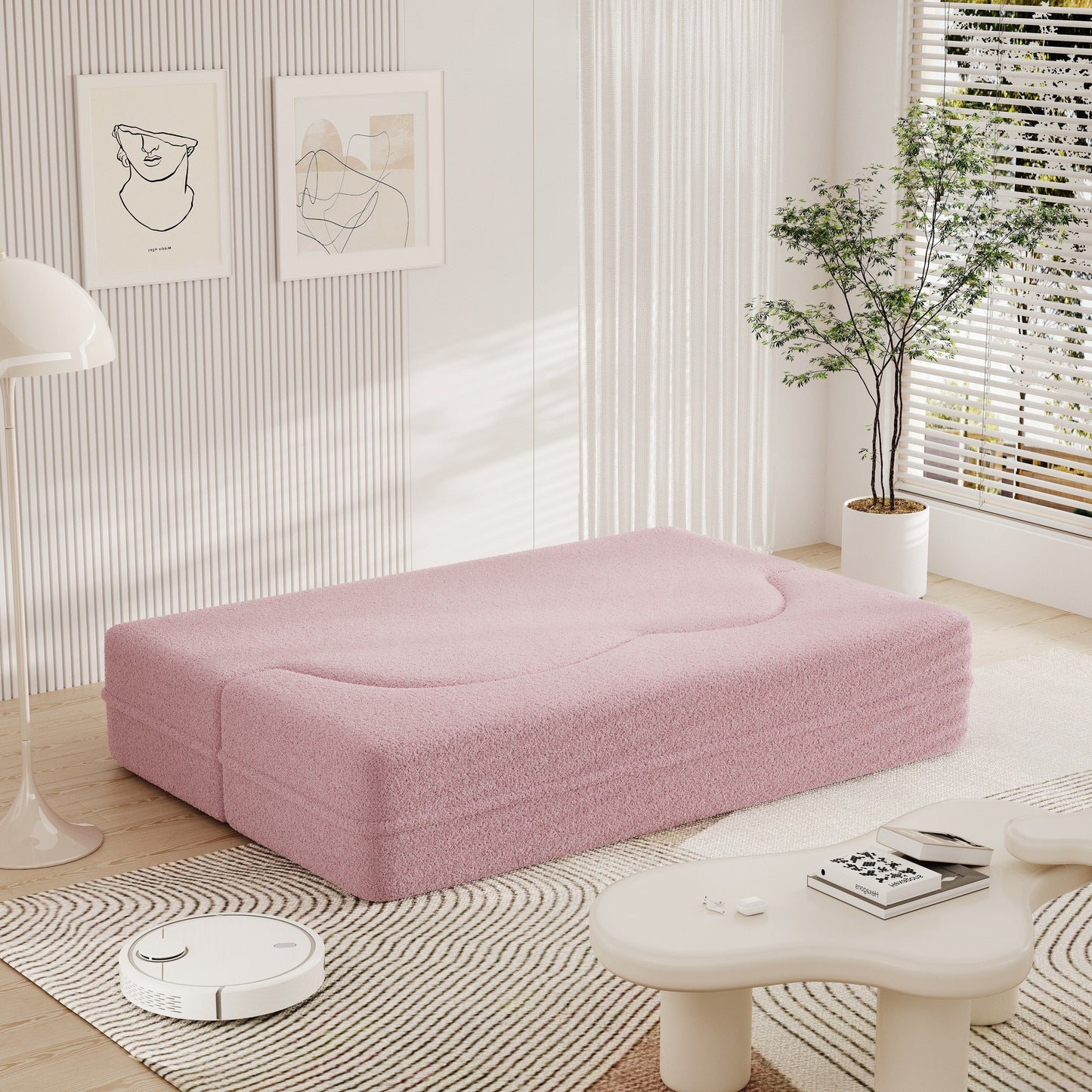 Canapé-lit convertible en tissu Teddy rose 78 avec rembourrage en mousse, 2 oreillers et matelas pliable pour le salon