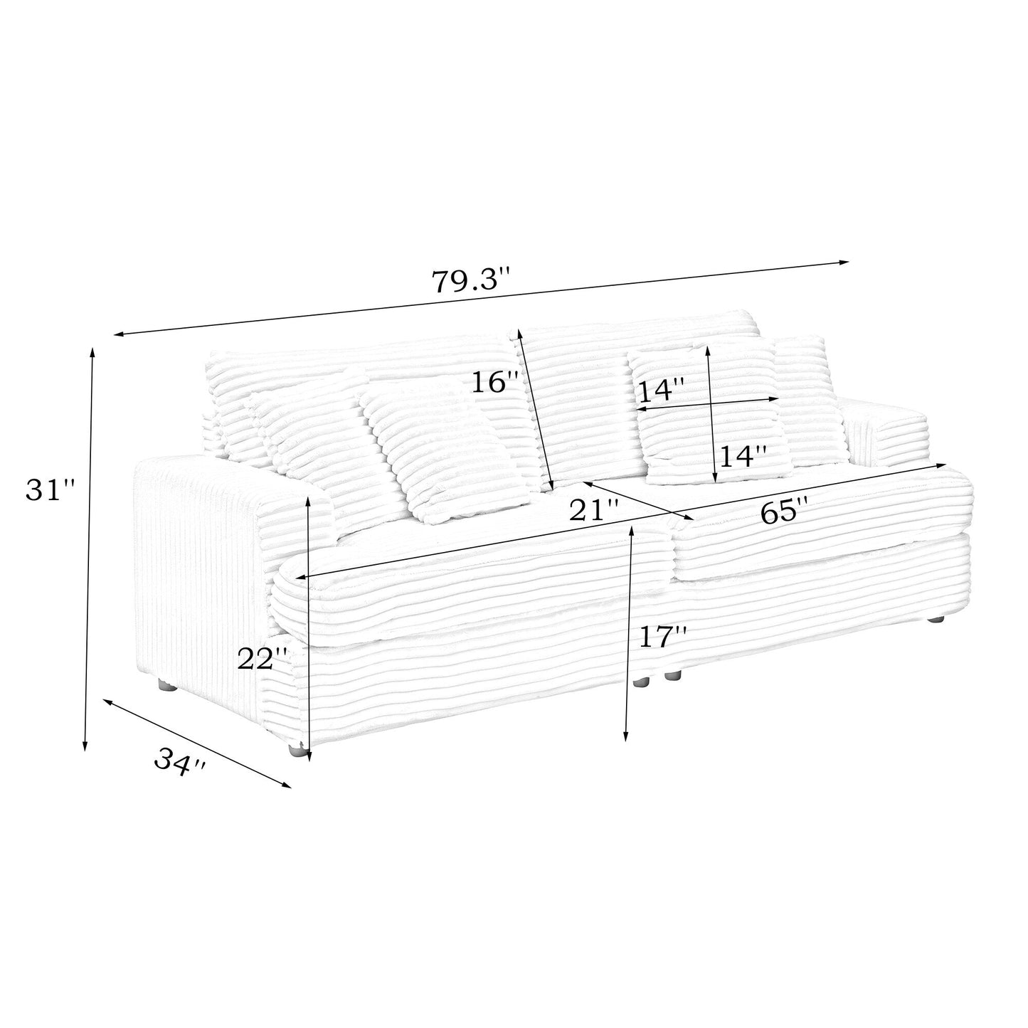 Canapé 3 places en velours côtelé rose 79.3 avec 4 coussins décoratifs et coussin à ressorts