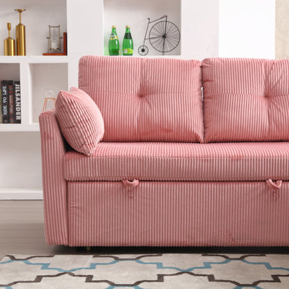 Canapé 3 places en L en velours côtelé rose de 206 cm, avec méridienne réversible, rangements et structure en bois massif.