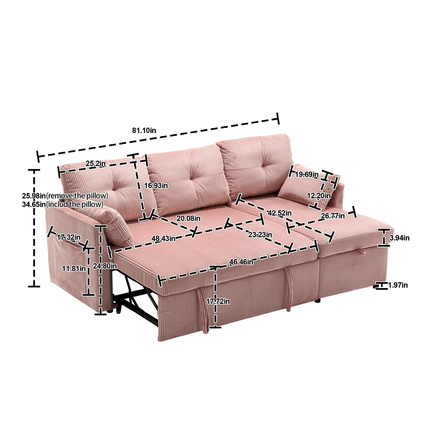 Canapé en tissu rose en forme de L de 81,1 pouces avec méridienne réversible, rangement, structure en bois massif et assise en mousse