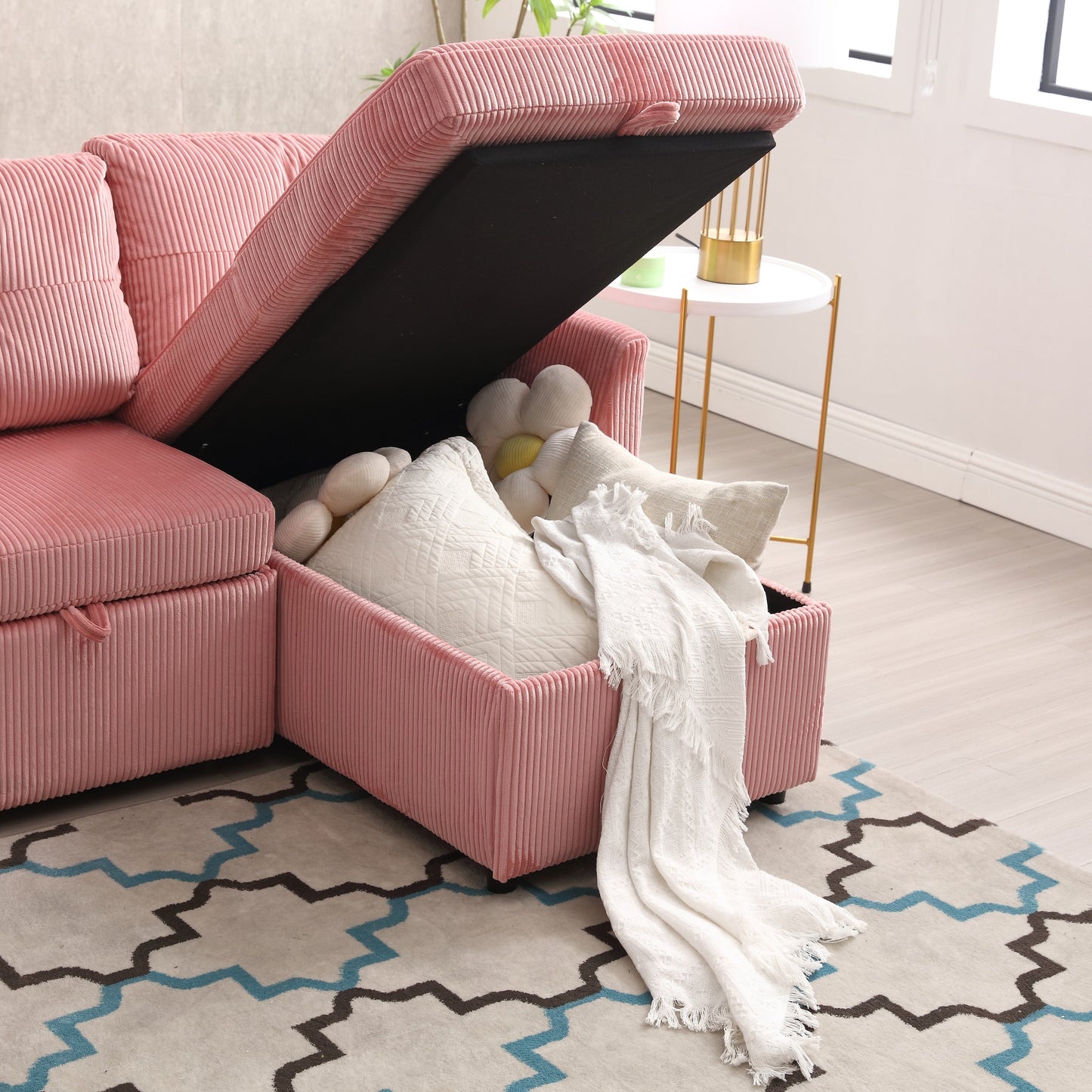 Canapé en tissu rose en forme de L de 81,1 pouces avec méridienne réversible, rangement, structure en bois massif et assise en mousse