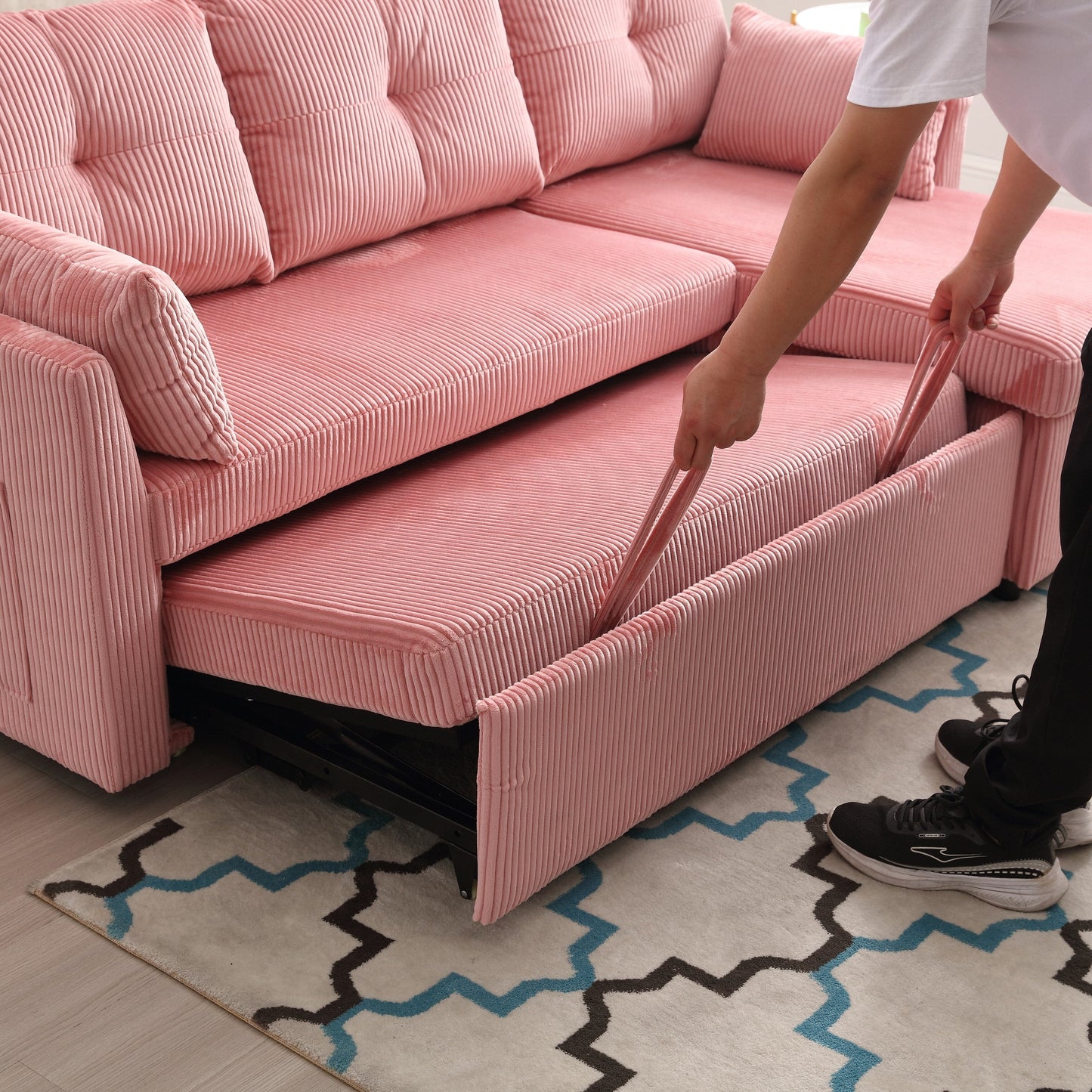 Canapé en L rose de 81,1 pouces avec méridienne réversible et rangement