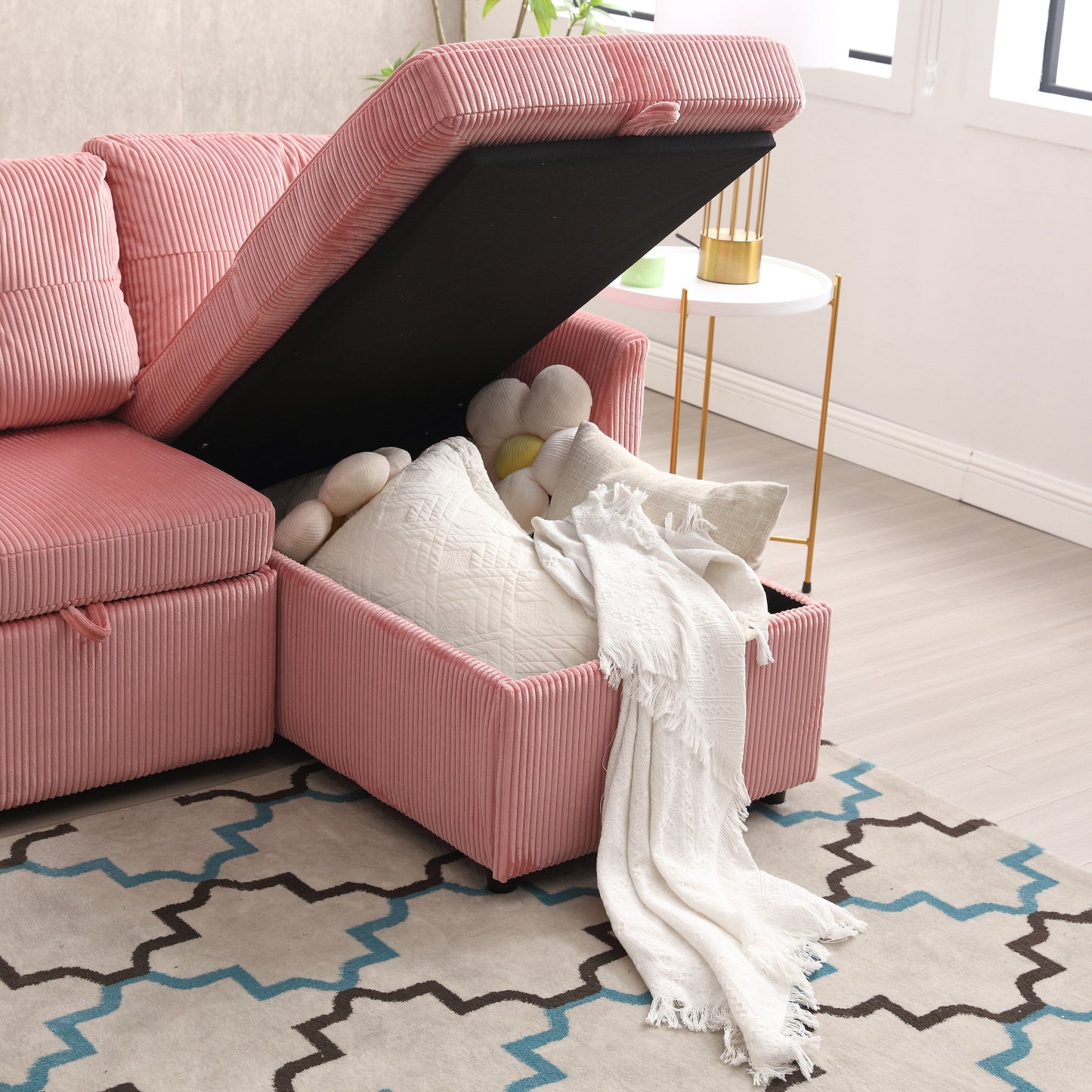 Canapé en L rose de 81,1 pouces avec méridienne réversible et rangement