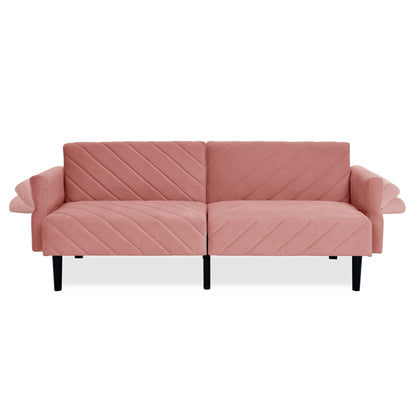 Canapé-lit futon convertible capitonné en velours rose 87 avec accoudoirs réglables pour salon