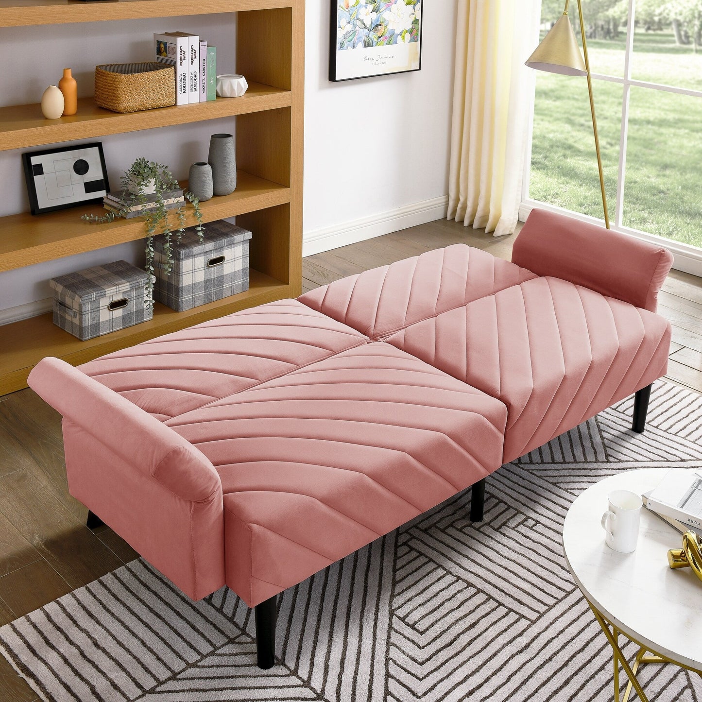 Canapé-lit futon convertible capitonné en velours rose 87 avec accoudoirs réglables pour salon