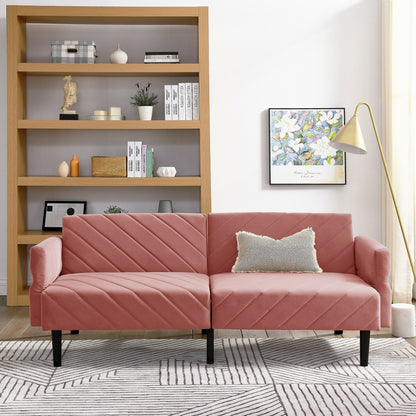 Canapé-lit futon convertible capitonné en velours rose 87 avec accoudoirs réglables pour salon