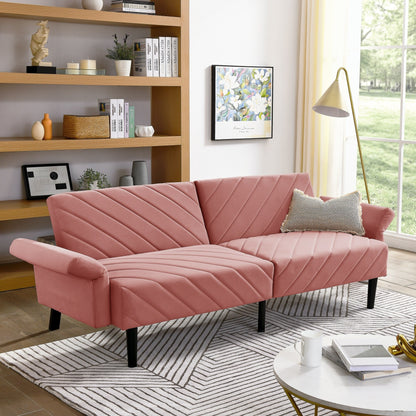 Canapé-lit futon convertible capitonné en velours rose 87 avec accoudoirs réglables pour salon