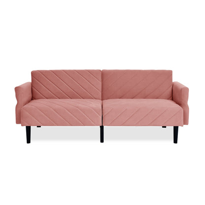 Canapé-lit futon convertible capitonné en velours rose 87 avec accoudoirs réglables pour salon
