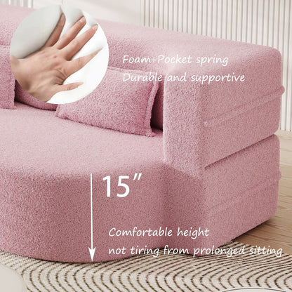 Canapé-lit convertible en tissu Teddy rose