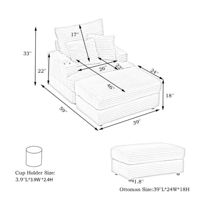 Fauteuil-canapé en velours côtelé rose avec pouf et porte-gobelet
