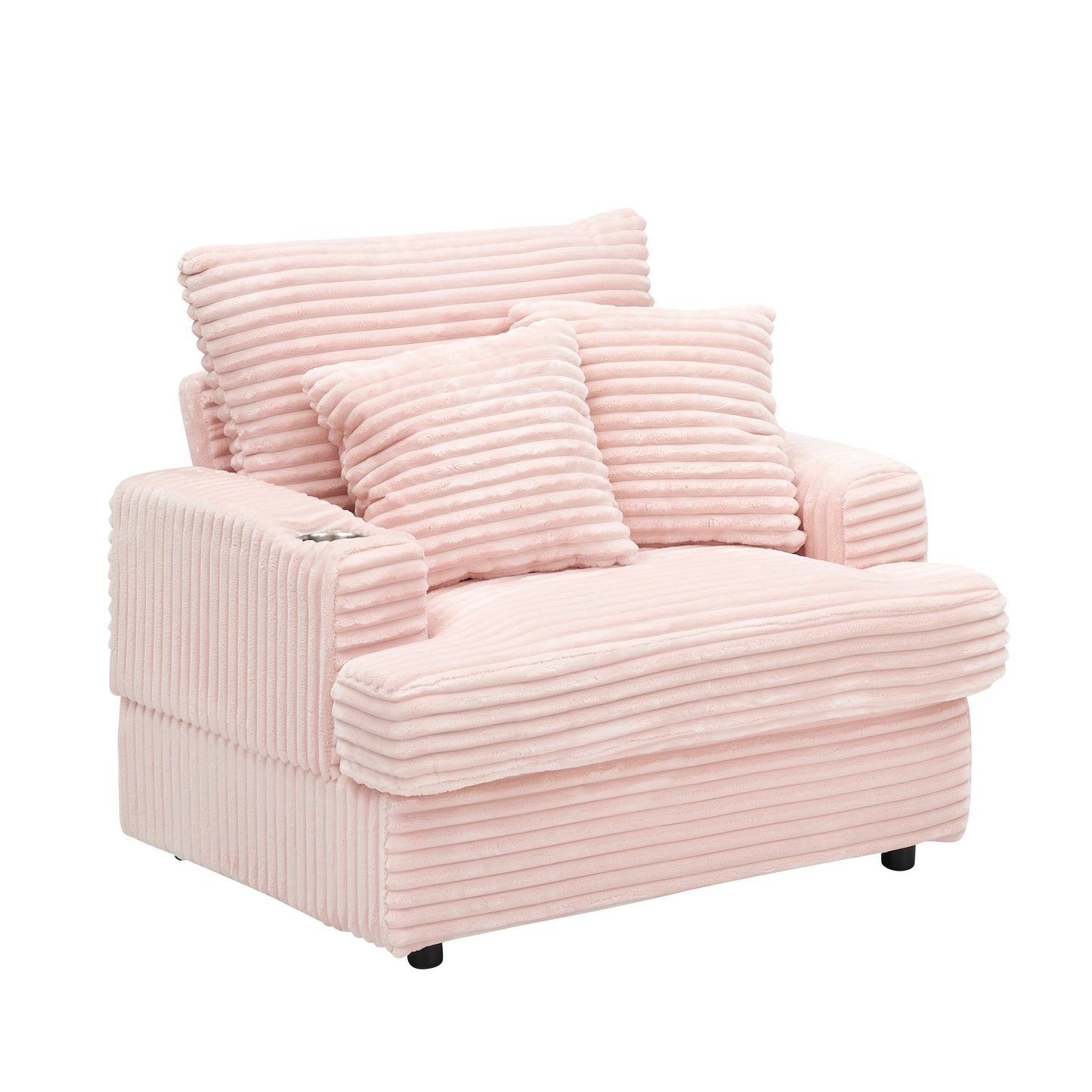 Fauteuil-canapé en velours côtelé rose avec pouf et porte-gobelet