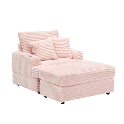 Fauteuil-canapé en velours côtelé rose avec pouf et porte-gobelet