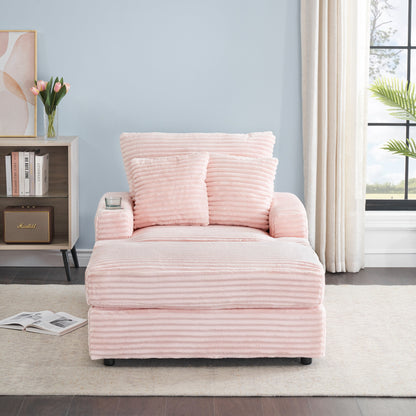 Fauteuil-canapé en velours côtelé rose avec pouf et porte-gobelet