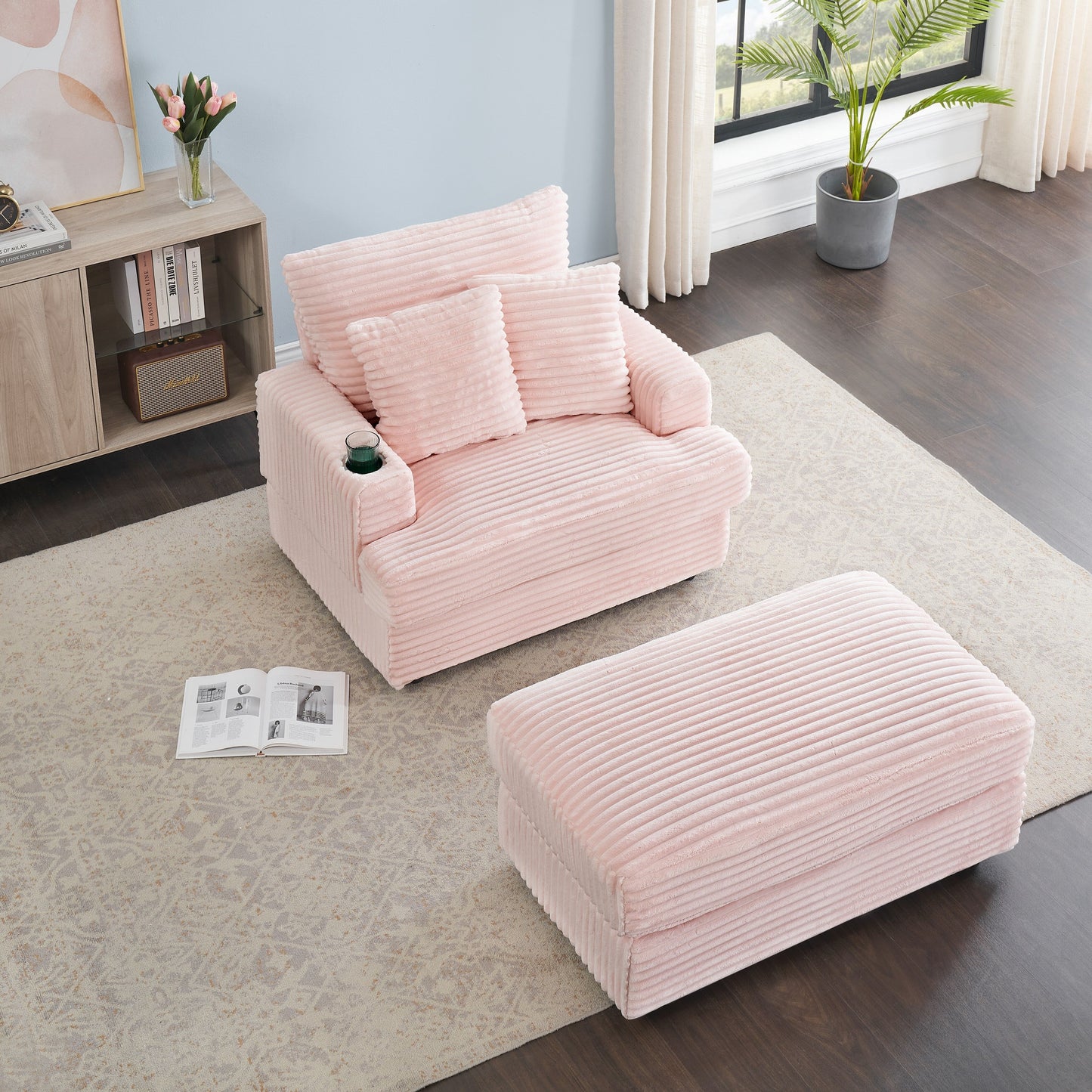 Fauteuil-canapé en velours côtelé rose avec pouf et porte-gobelet