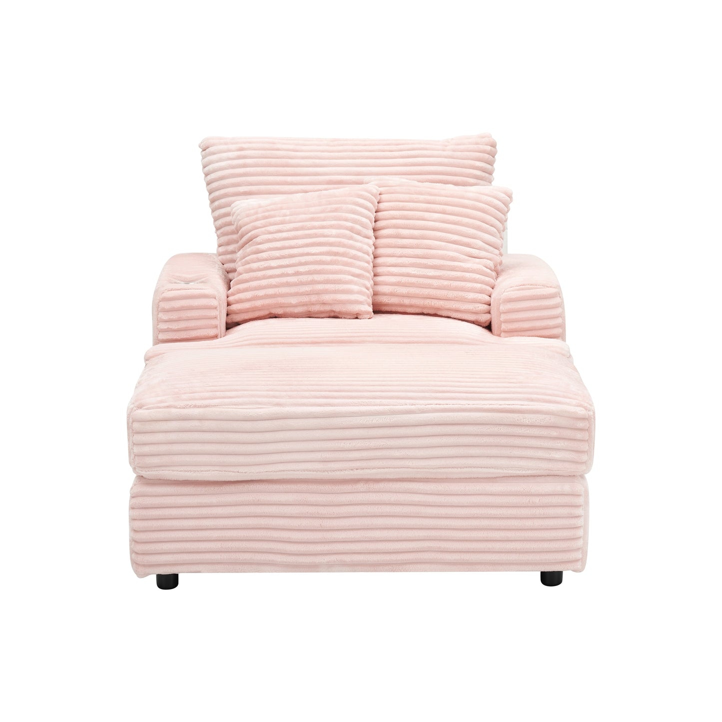 Fauteuil-canapé en velours côtelé rose avec pouf et porte-gobelet