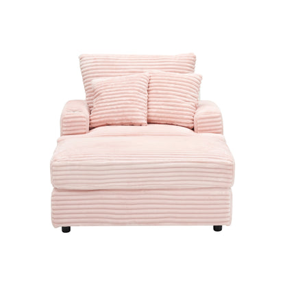 Fauteuil-canapé en velours côtelé rose avec pouf et porte-gobelet