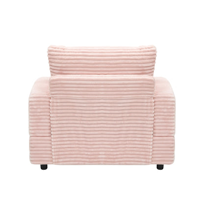 Fauteuil-canapé en velours côtelé rose avec pouf et porte-gobelet