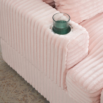 Fauteuil-canapé en velours côtelé rose avec pouf et porte-gobelet