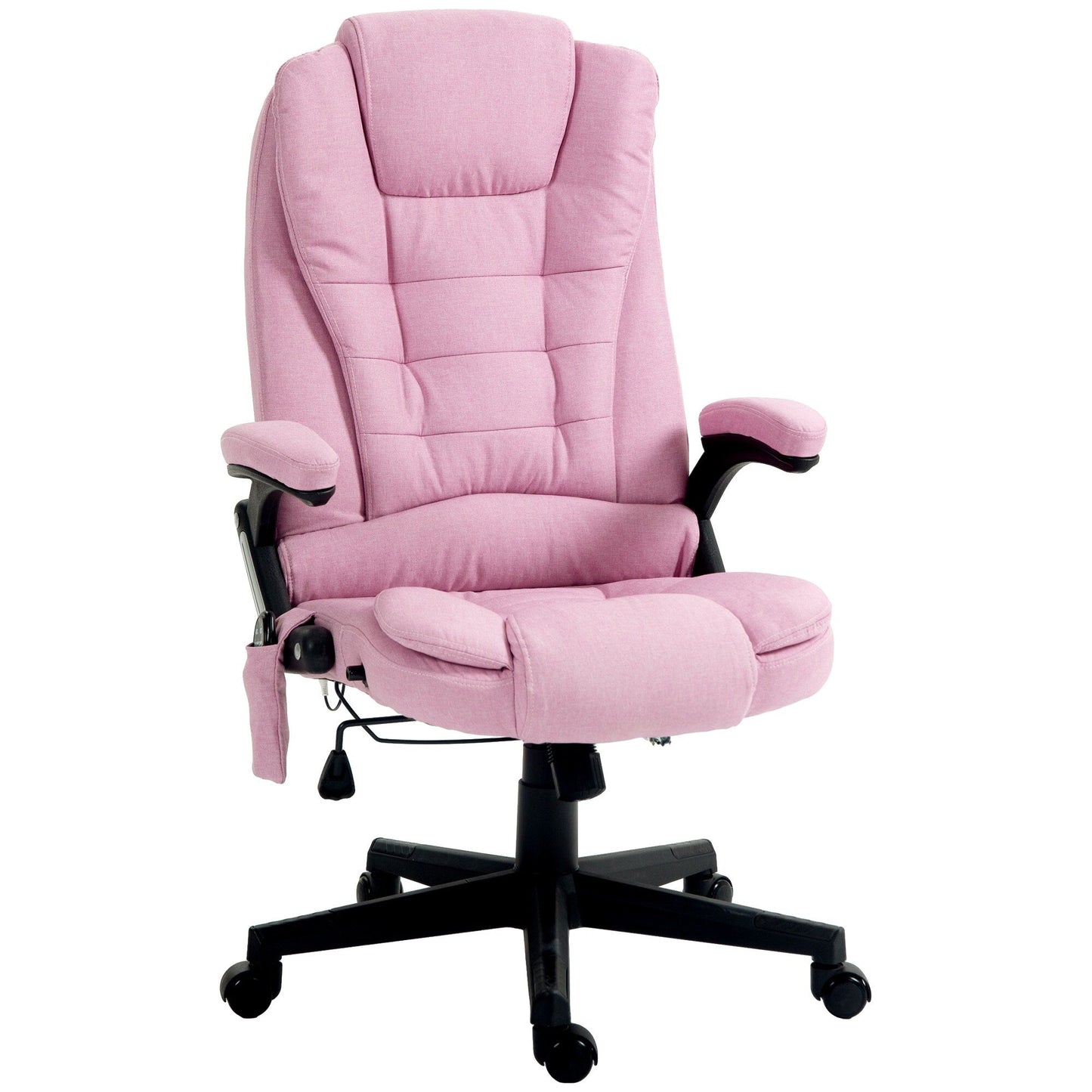 Fauteuil de bureau inclinable pivotant à 360° en lin rose avec massage par vibrations, chauffage lombaire et hauteur réglable