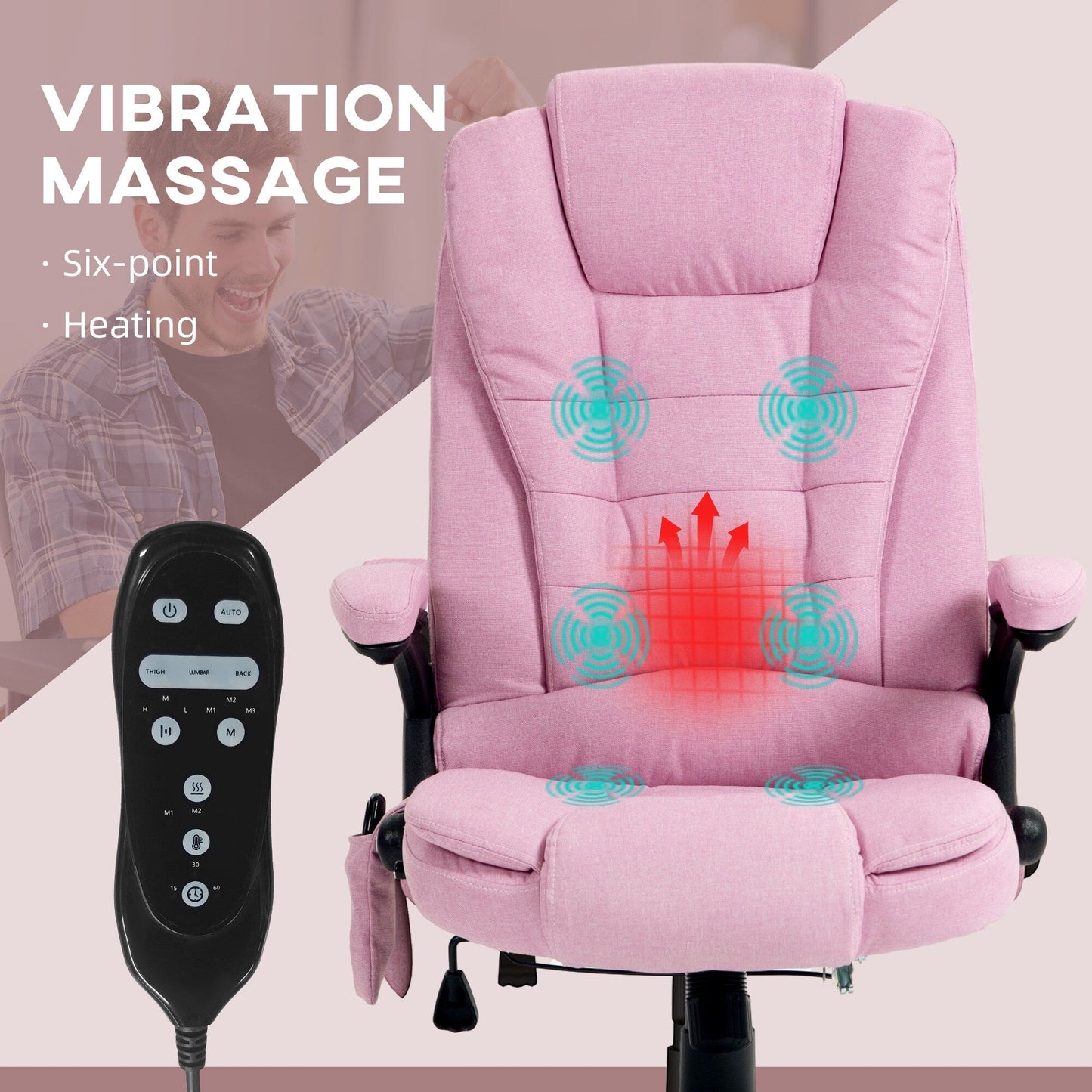 Fauteuil de bureau inclinable pivotant à 360° en lin rose avec massage par vibrations, chauffage lombaire et hauteur réglable