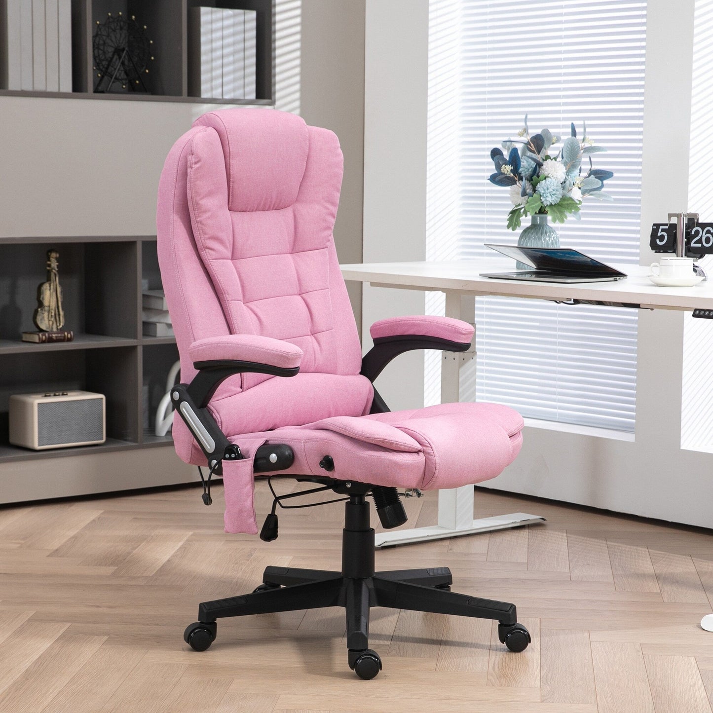 Fauteuil de bureau inclinable pivotant à 360° en lin rose avec massage par vibrations, chauffage lombaire et hauteur réglable