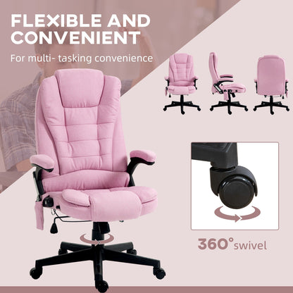 Fauteuil de bureau inclinable pivotant à 360° en lin rose avec massage par vibrations, chauffage lombaire et hauteur réglable