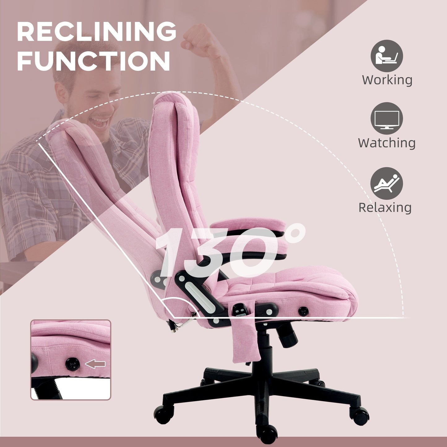 Fauteuil de bureau inclinable pivotant à 360° en lin rose avec massage par vibrations, chauffage lombaire et hauteur réglable
