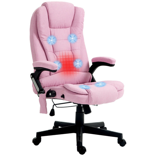Fauteuil de bureau inclinable pivotant à 360° en lin rose avec massage par vibrations, chauffage lombaire et hauteur réglable