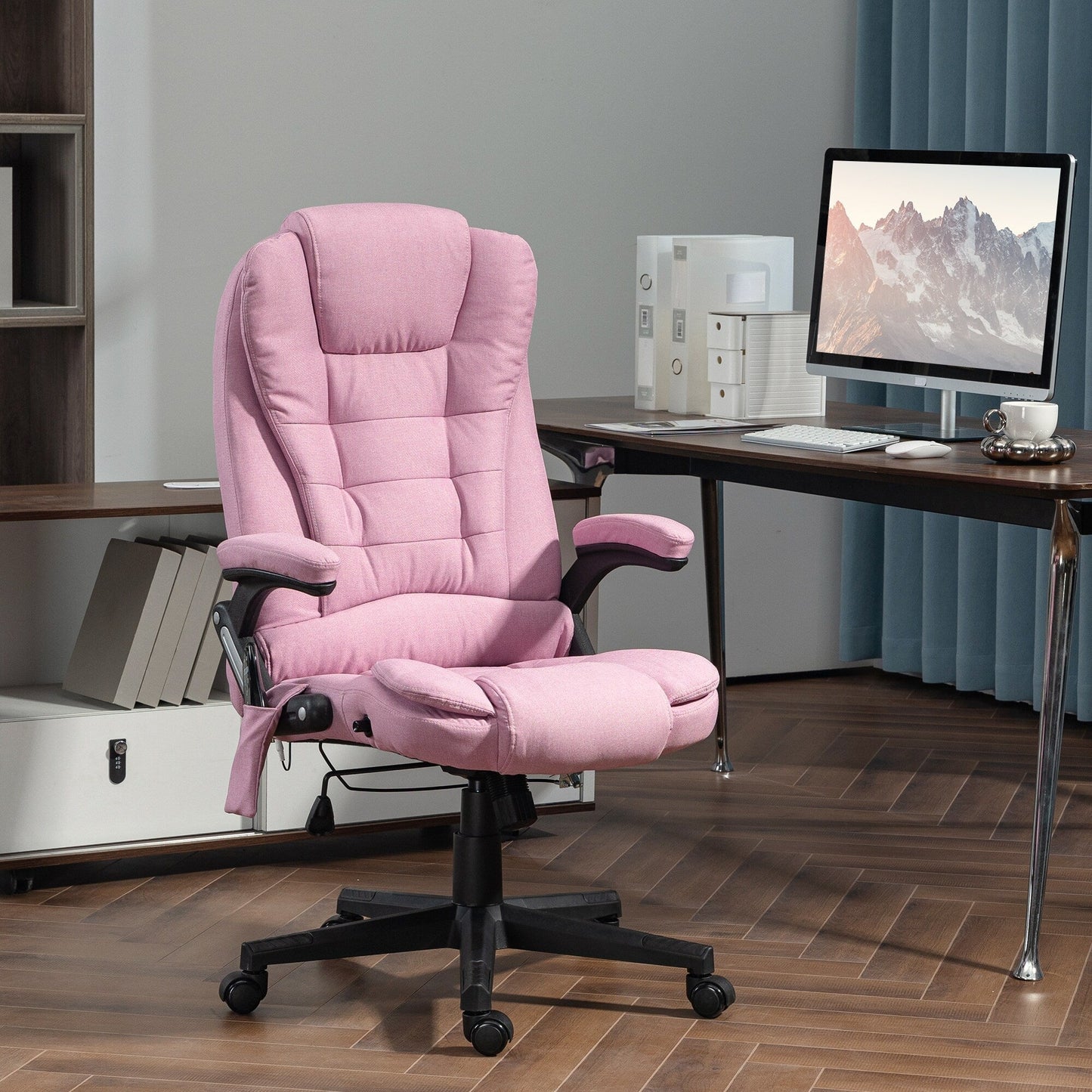 Fauteuil de bureau inclinable pivotant à 360° en lin rose avec massage par vibrations, chauffage lombaire et hauteur réglable