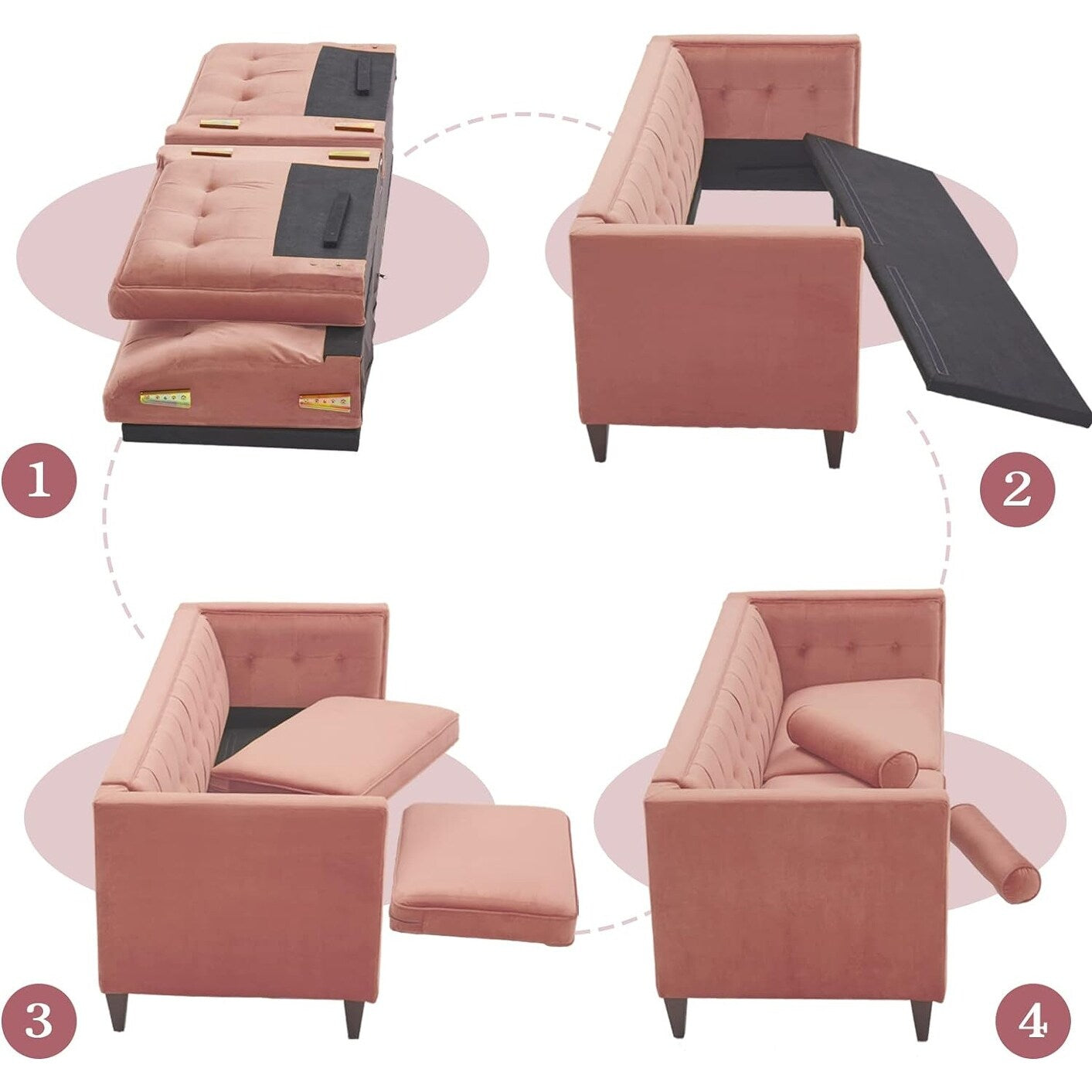 Canapé capitonné en velours rose de style Mid-Century Modern de 78 pouces avec coussins traversins et pieds en bois pour le salon