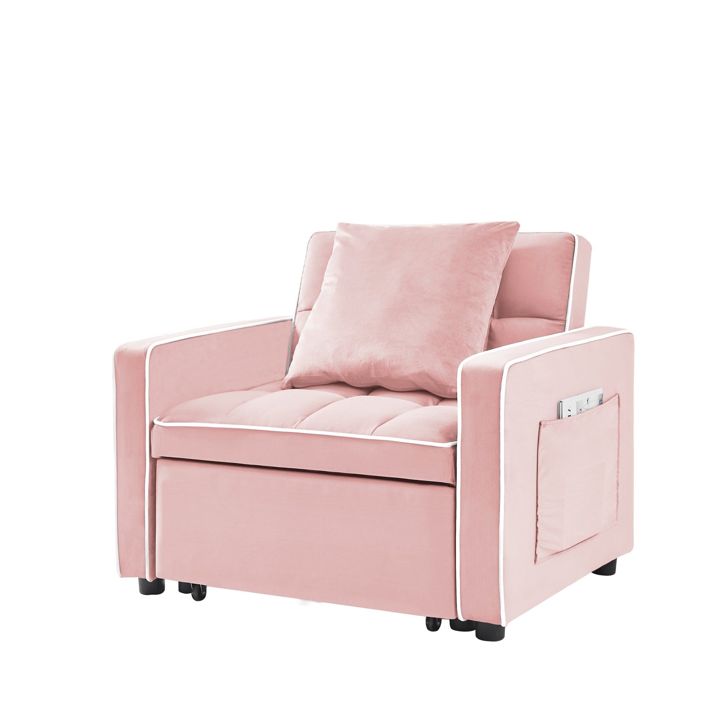Canapé-lit simple 3 en 1 en velours rose moderne 35,43 cm avec dossier réglable et poche pour le salon