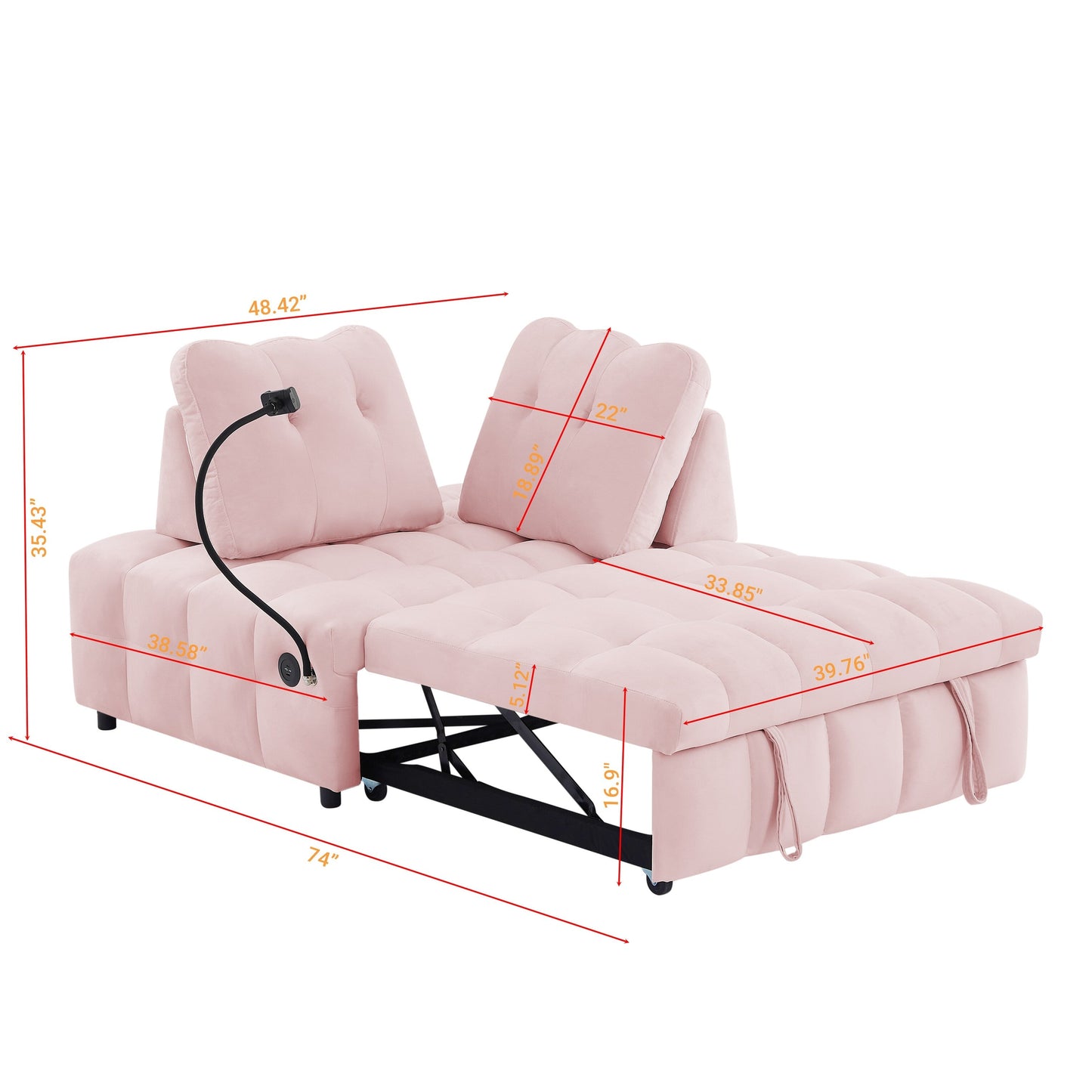 Canapé-lit gigogne en velours rose moderne 74 avec dossier amovible et port USB et support de téléphone pivotant
