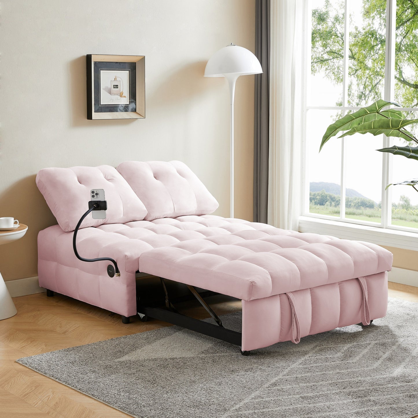 Canapé-lit gigogne en velours rose moderne 74 avec dossier amovible et port USB et support de téléphone pivotant