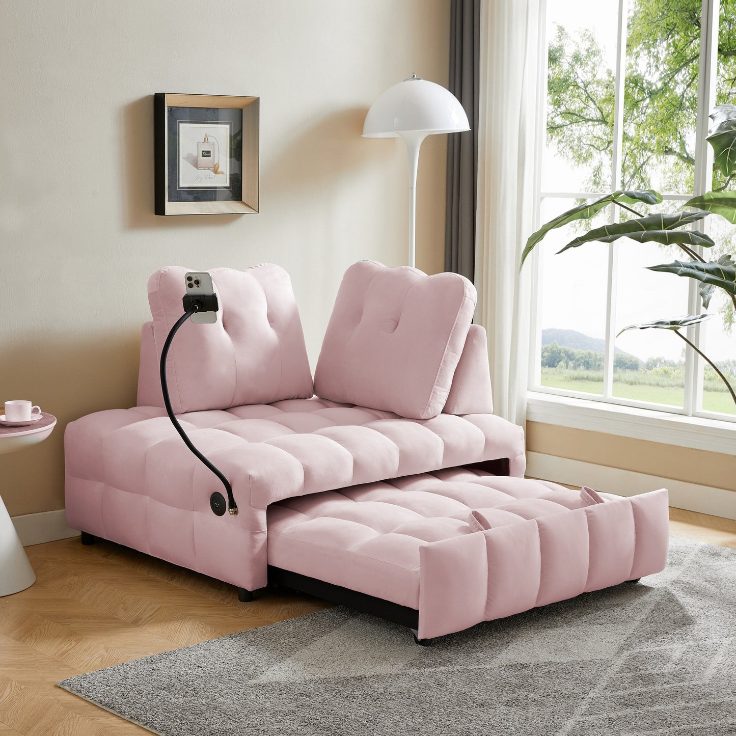 Canapé-lit gigogne en velours rose moderne 74 avec dossier amovible et port USB et support de téléphone pivotant