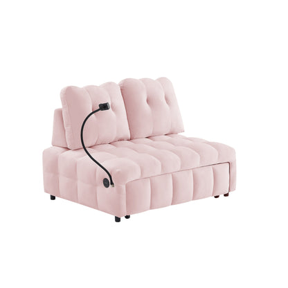 Canapé-lit gigogne en velours rose moderne 74 avec dossier amovible et port USB et support de téléphone pivotant