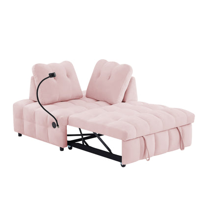 Canapé-lit gigogne en velours rose moderne 74 avec dossier amovible et port USB et support de téléphone pivotant
