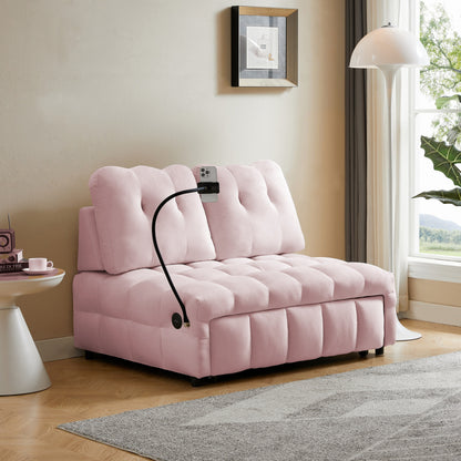 Canapé-lit gigogne en velours rose moderne 74 avec dossier amovible et port USB et support de téléphone pivotant