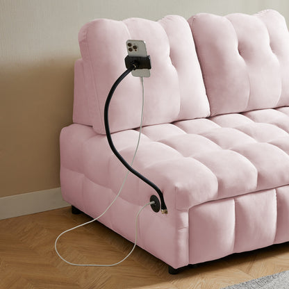 Canapé-lit gigogne en velours rose moderne 74 avec dossier amovible et port USB et support de téléphone pivotant