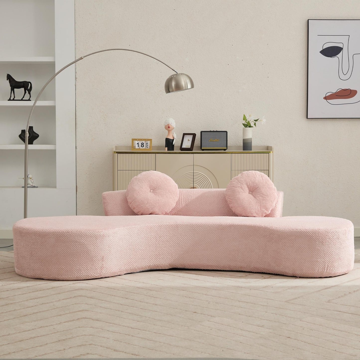 Canapé nuage rose moderne minimaliste 105,5 en velours côtelé incurvé avec 2 coussins, aucun assemblage requis