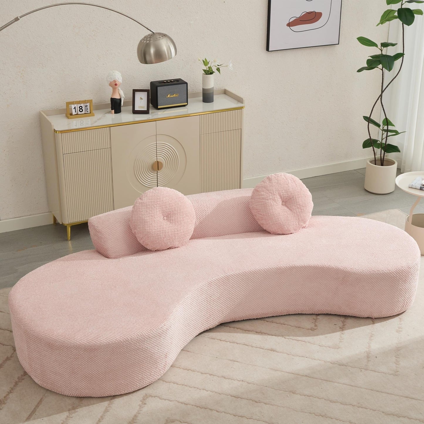 Canapé nuage rose moderne minimaliste 105,5 en velours côtelé incurvé avec 2 coussins, aucun assemblage requis