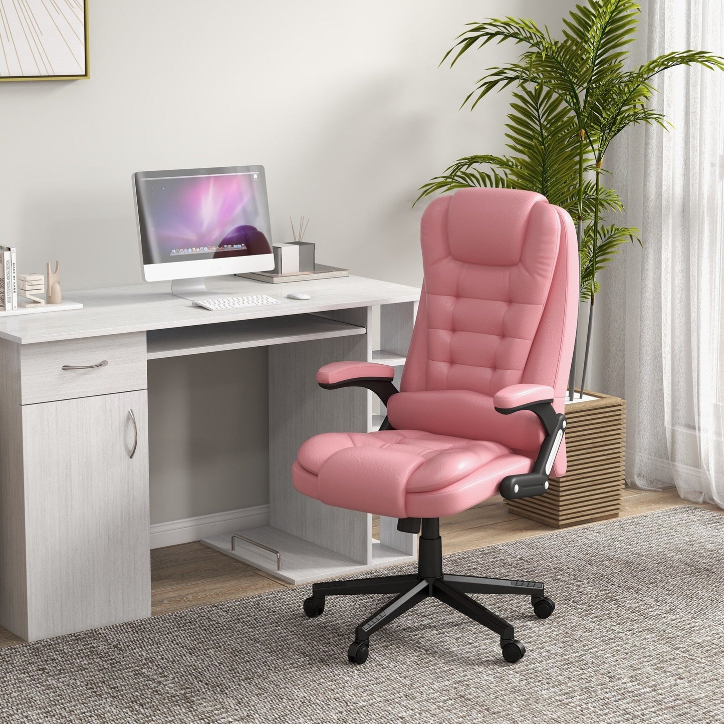Fauteuil de bureau inclinable pivotant à 360° en cuir PU rose avec dossier haut, massage par vibration, chauffage lombaire et hauteur réglable