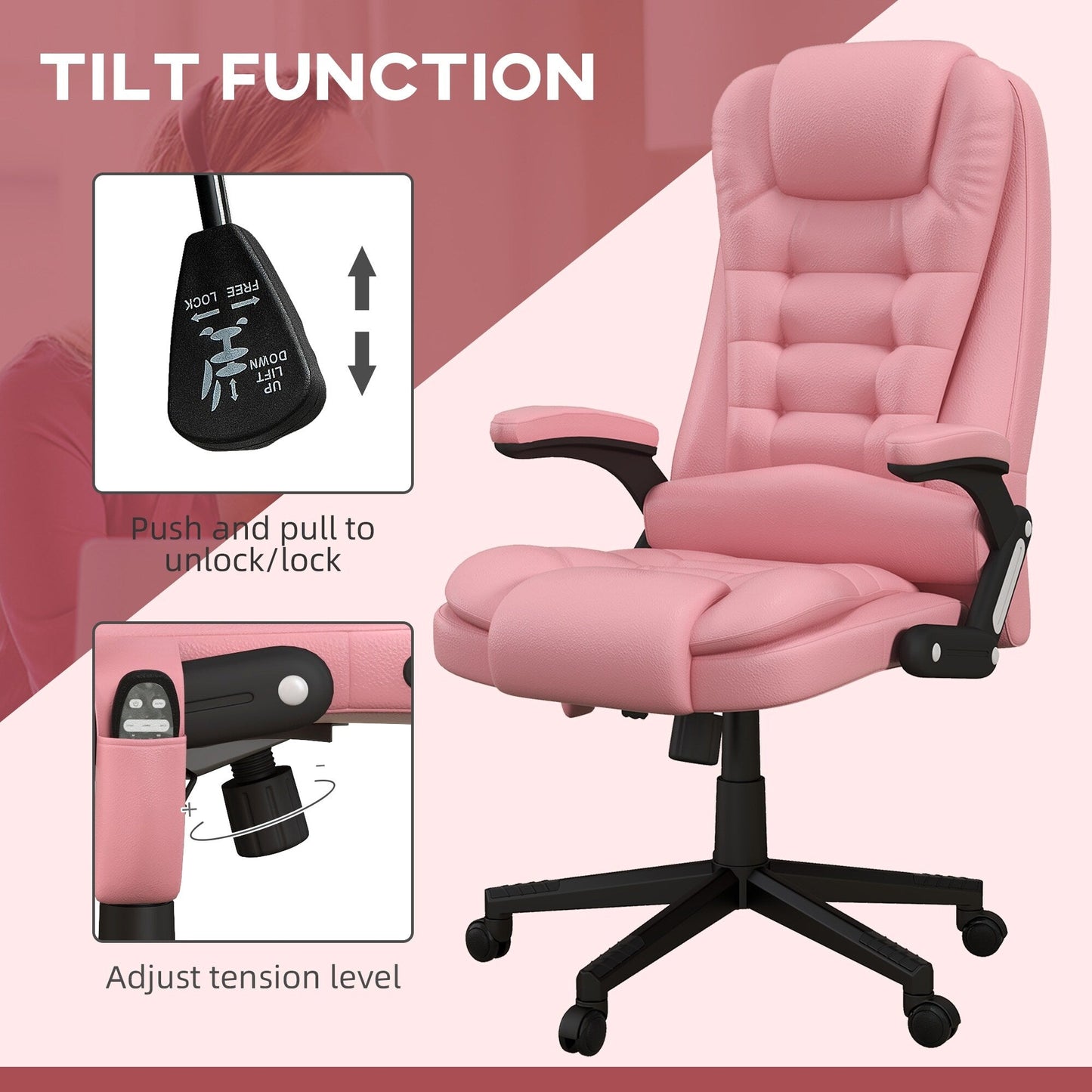 Fauteuil de bureau inclinable pivotant à 360° en cuir PU rose avec dossier haut, massage par vibration, chauffage lombaire et hauteur réglable