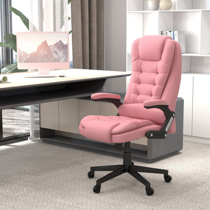 Fauteuil de bureau inclinable pivotant à 360° en cuir PU rose avec dossier haut, massage par vibration, chauffage lombaire et hauteur réglable