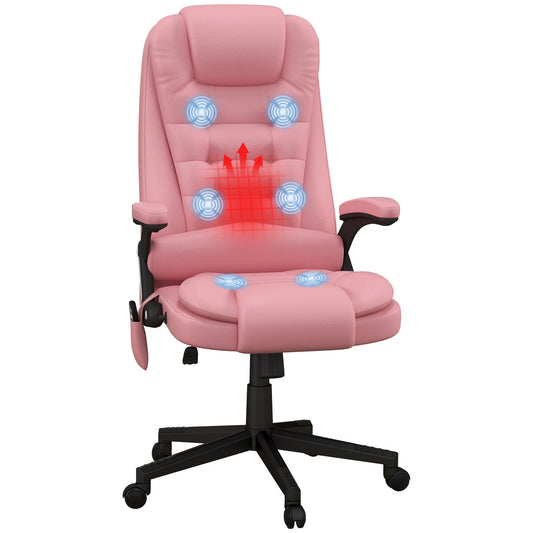 Fauteuil de bureau inclinable pivotant à 360° en cuir PU rose avec dossier haut, massage par vibration, chauffage lombaire et hauteur réglable